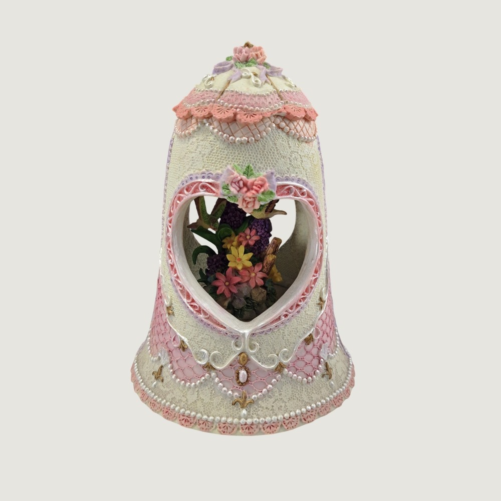 Vintage Heart Shape Hummingbird Music Box Porcelain Floral Figurine Pink EX